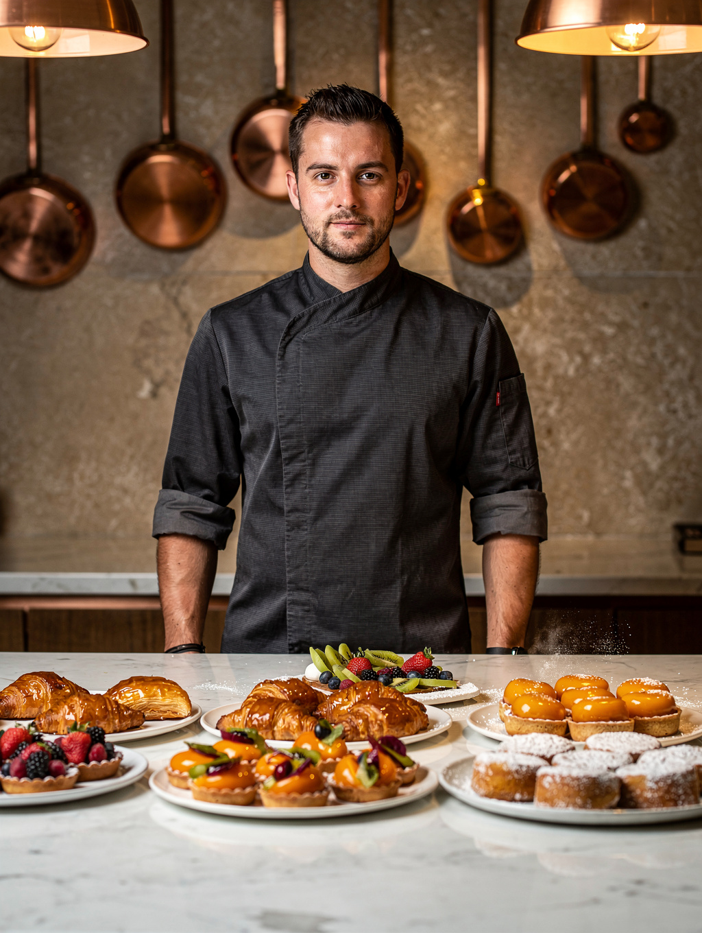 Pastry Chef Luca Moretti finishing a delicate dessert