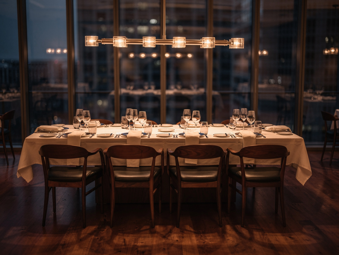 Elegant dining room with warm lighting and comfortable seating