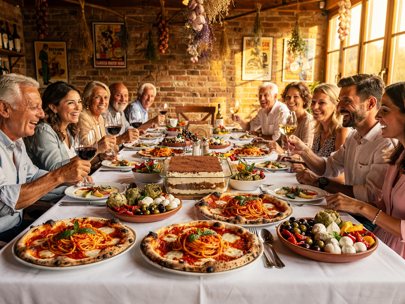 Spacious communal banquet table set for a family celebration