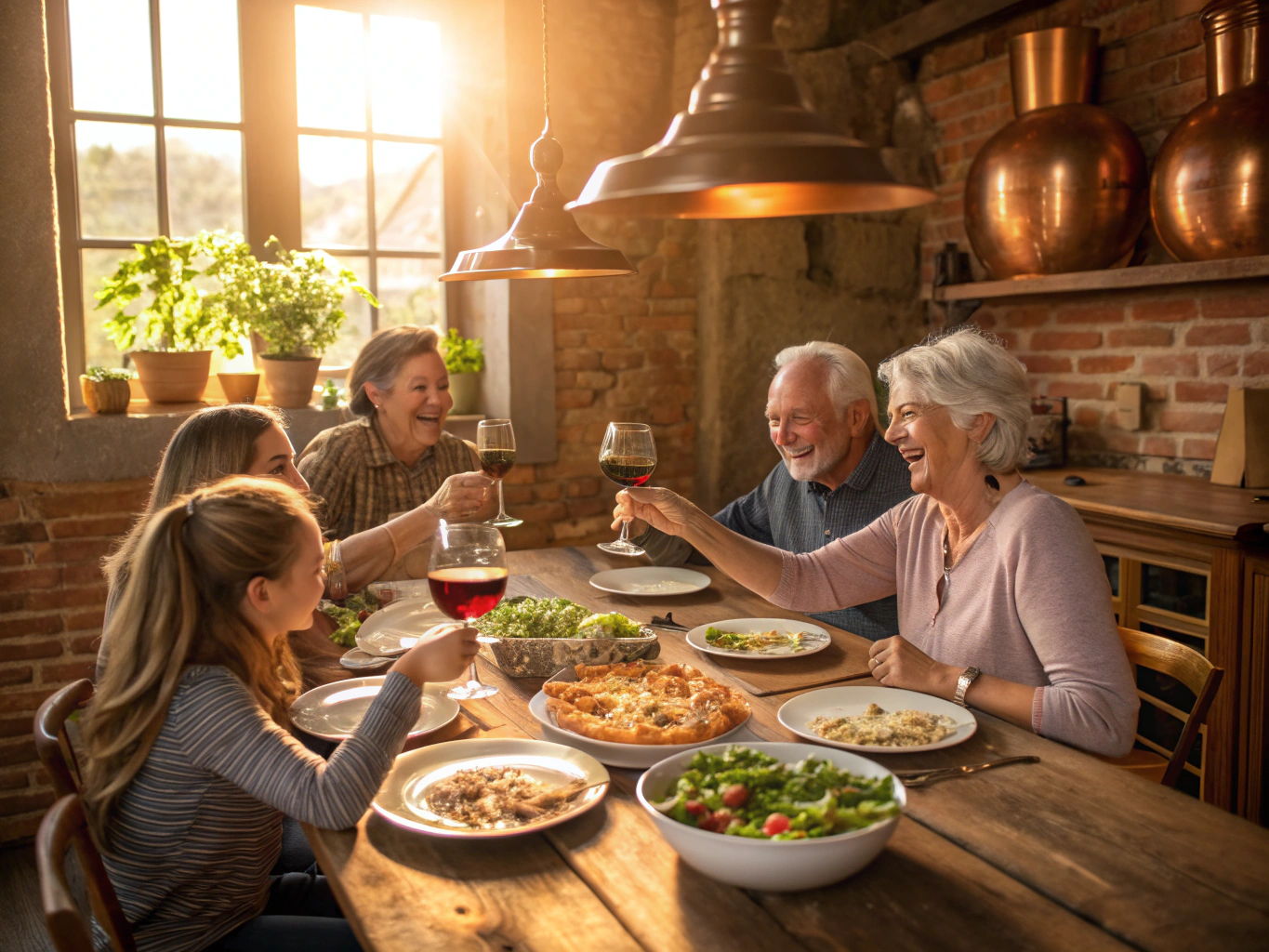 Family sharing Italian dishes