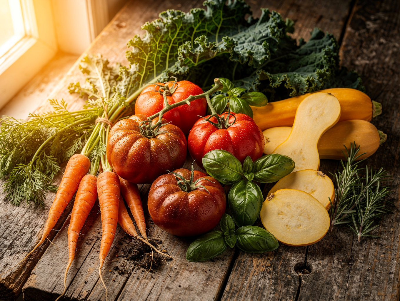 Fresh seasonal vegetables and herbs on a rustic wooden table