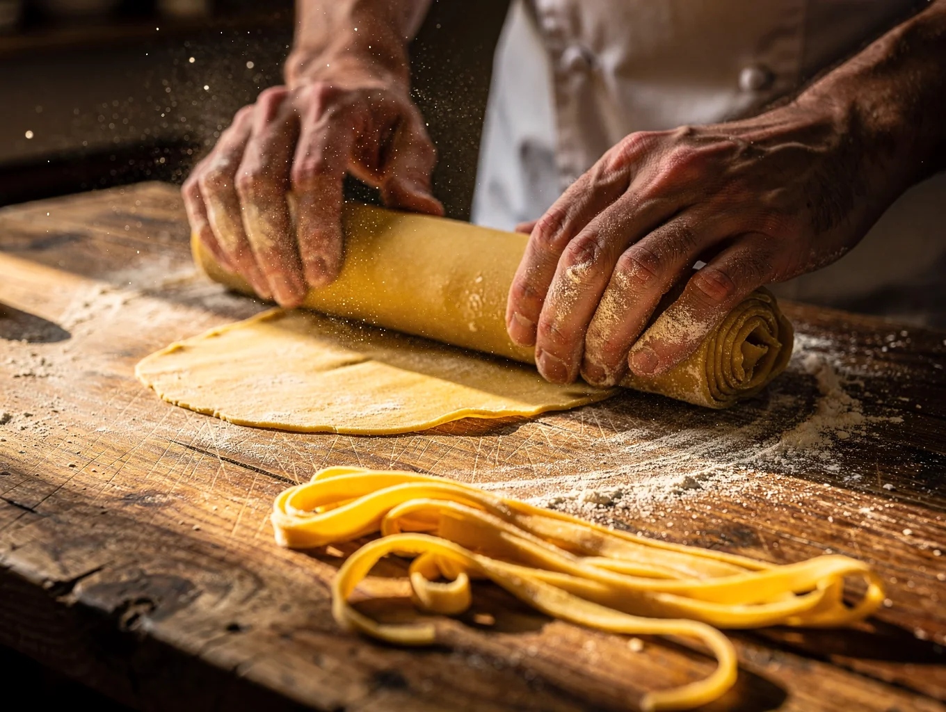 Chef delicately shaping fresh tagliatelle pasta on a dusted marble surface