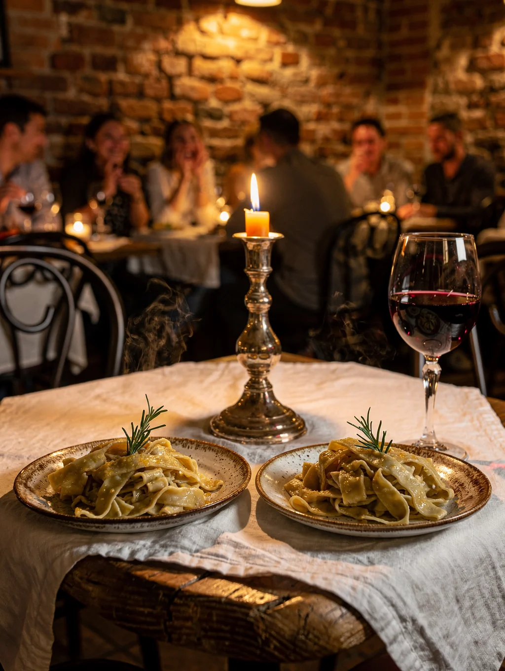 Warm candlelit dining table with fresh pasta and wine