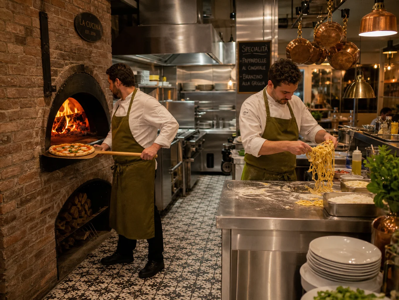 Chefs cooking at a wood-fired oven in an open kitchen