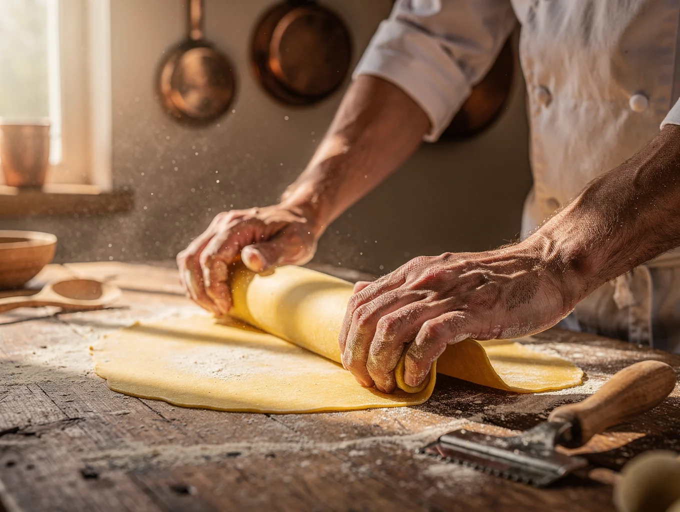 Chef hand-rolling fresh pasta dough in a professional kitchen
