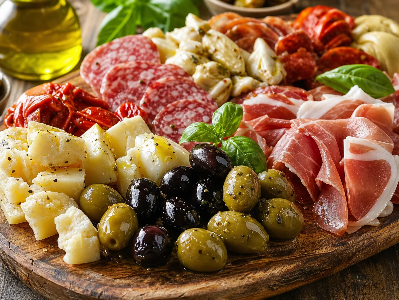 Generous wooden board filled with Italian cheeses, prosciutto, and ripe olives
