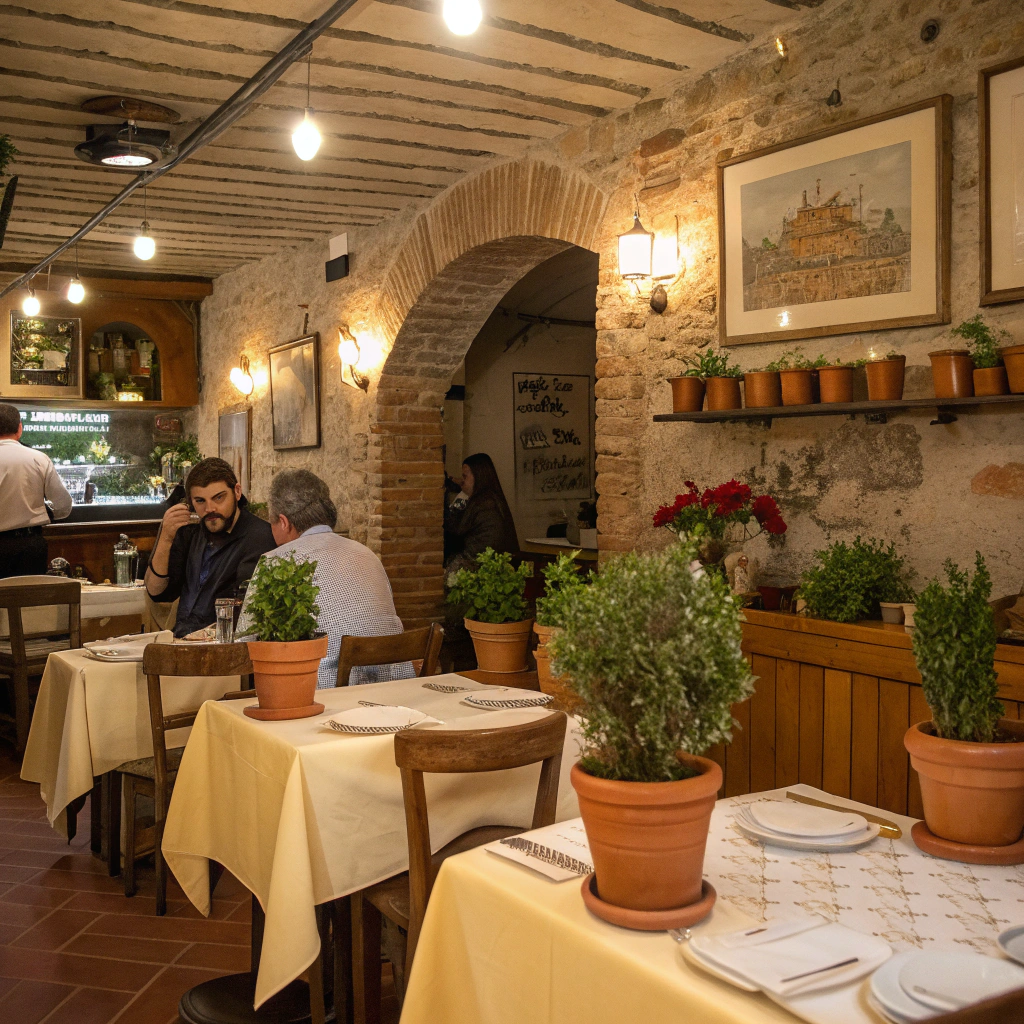 Warm trattoria dining room filled with candlelit wooden tables and joyful guests