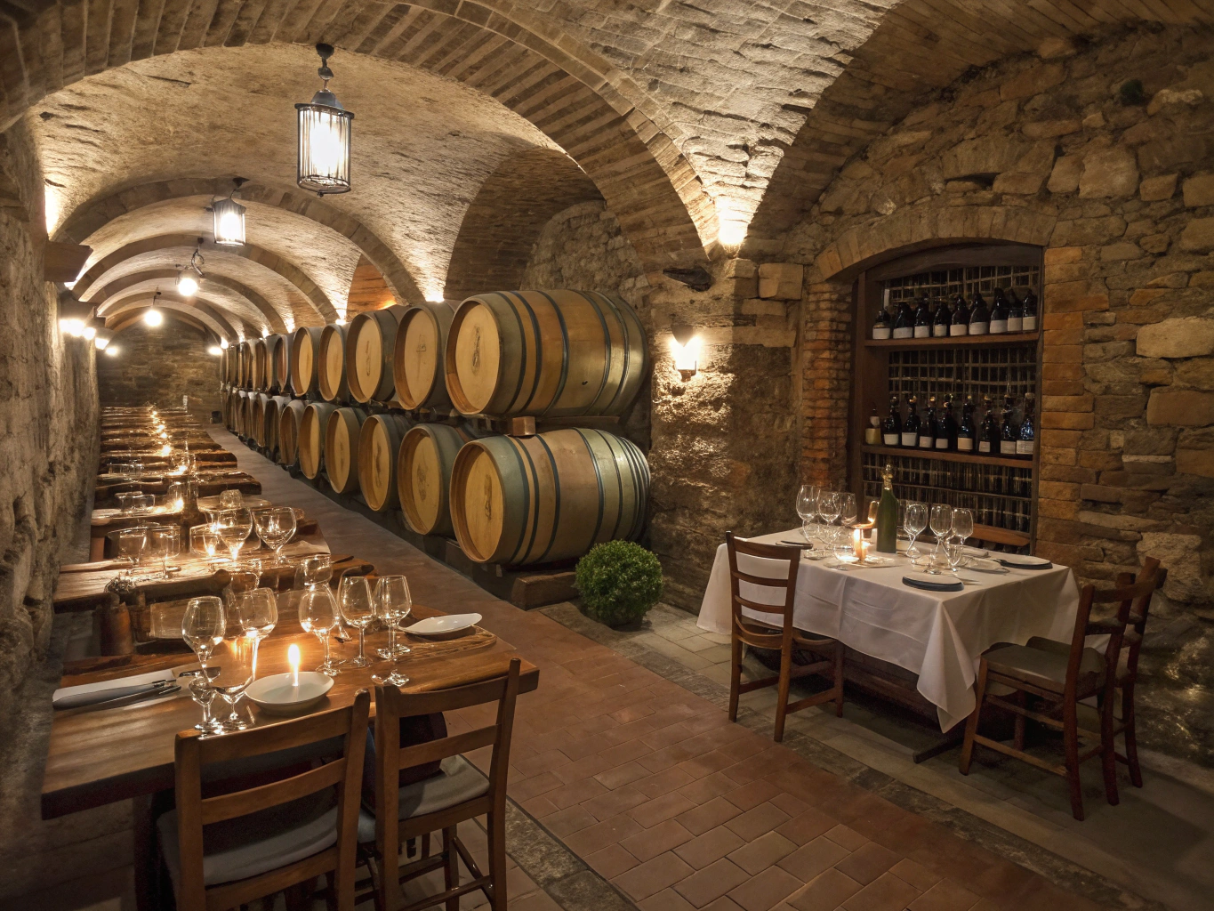 Stone wine cellar with candlelit table setting