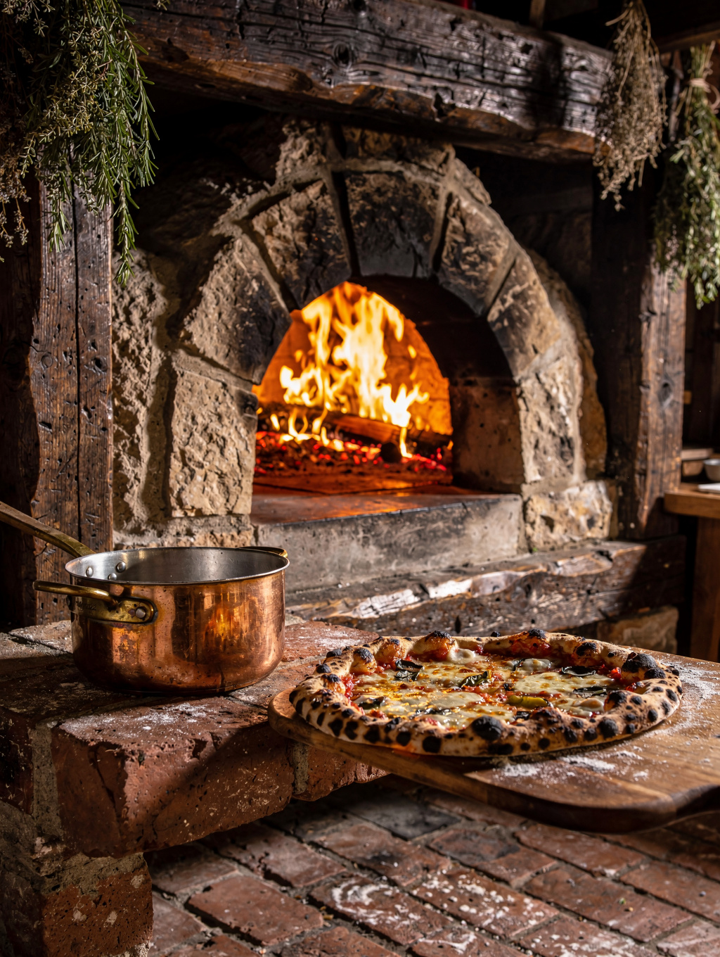 Wood-fired stone oven glowing with golden oak flames baking Neapolitan pizzas